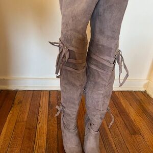 Shoe Dazzle Suede Over the Knee Boots in Taupe